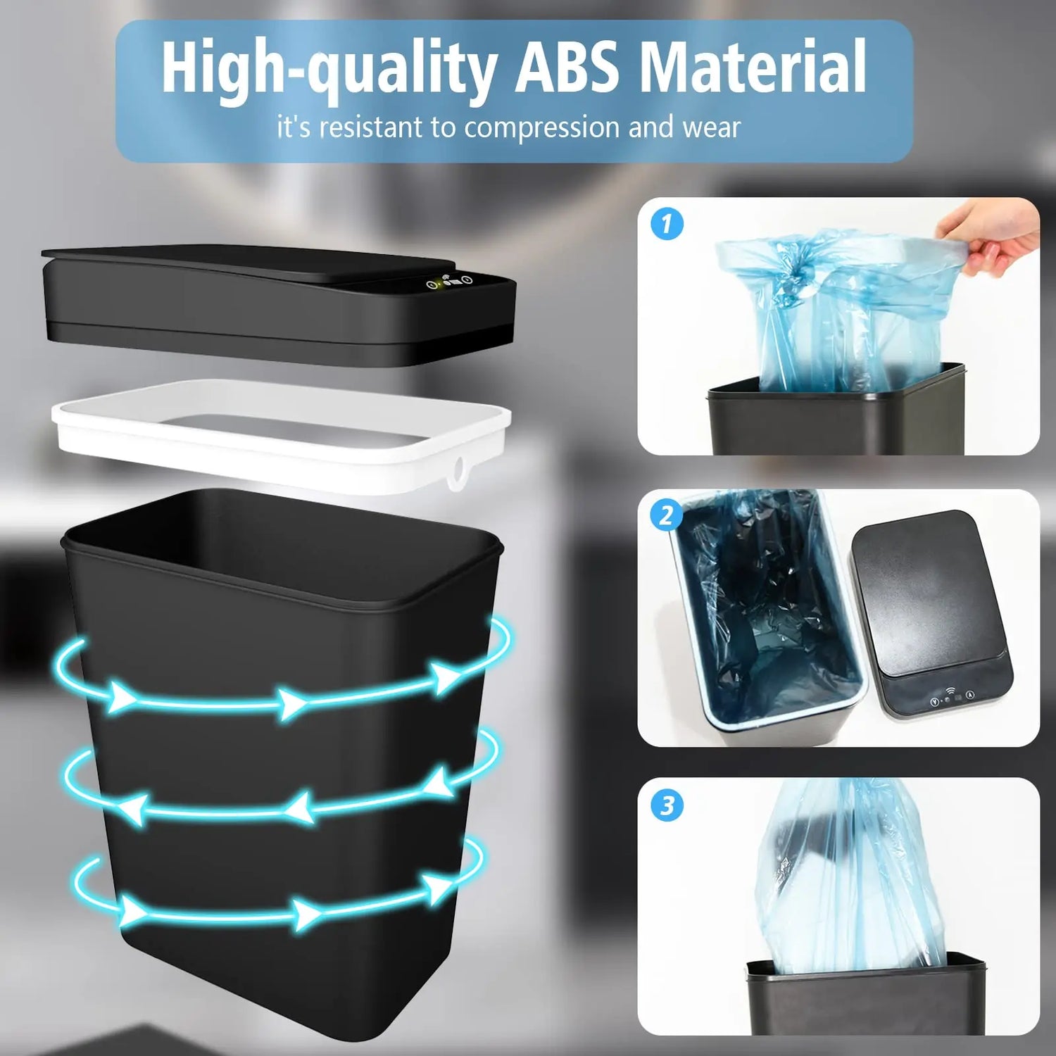 Poubelle automatique blanche sans contact avec design pavé tactile près d'un lavabo