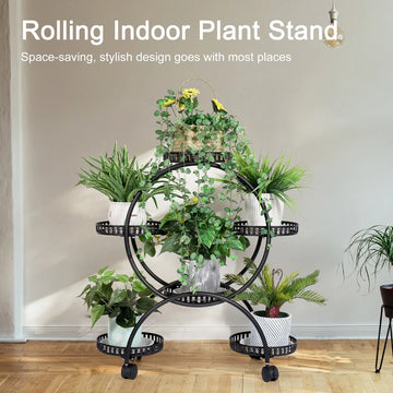 support fleurs roulettes robuste moderne noir blanc pot fleuri plante verte ajouré minimaliste