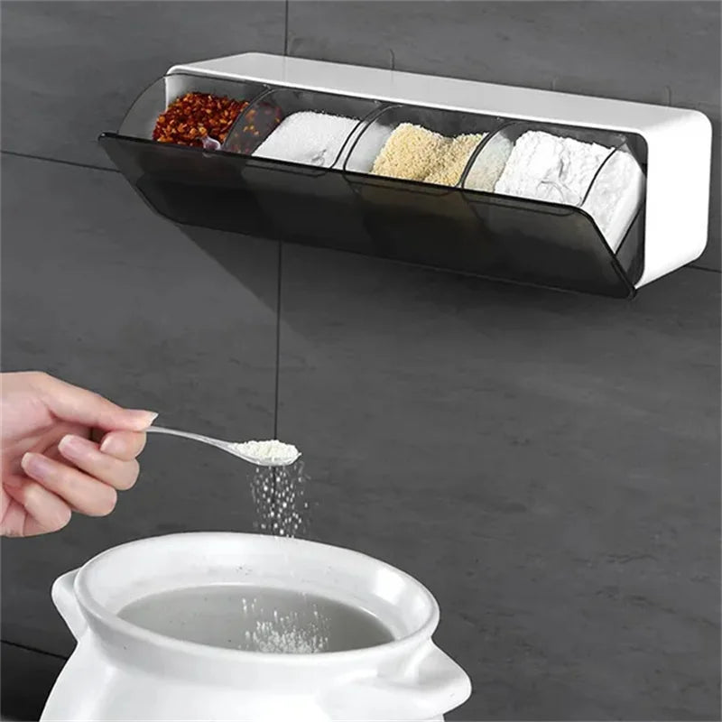 boîte épices murale moderne adhésive compartiments transparents plastique blanc noir cuisine organisation