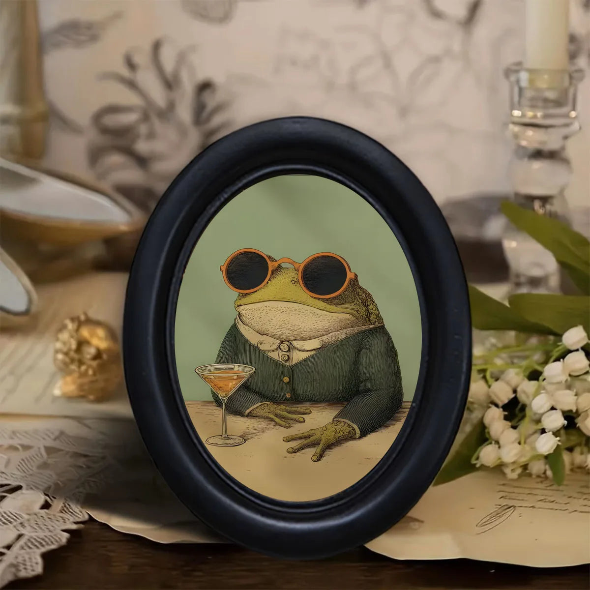cadre photo ovale noir grenouille lunettes cocktail classique décoration amusante bar vintage gentleman unique