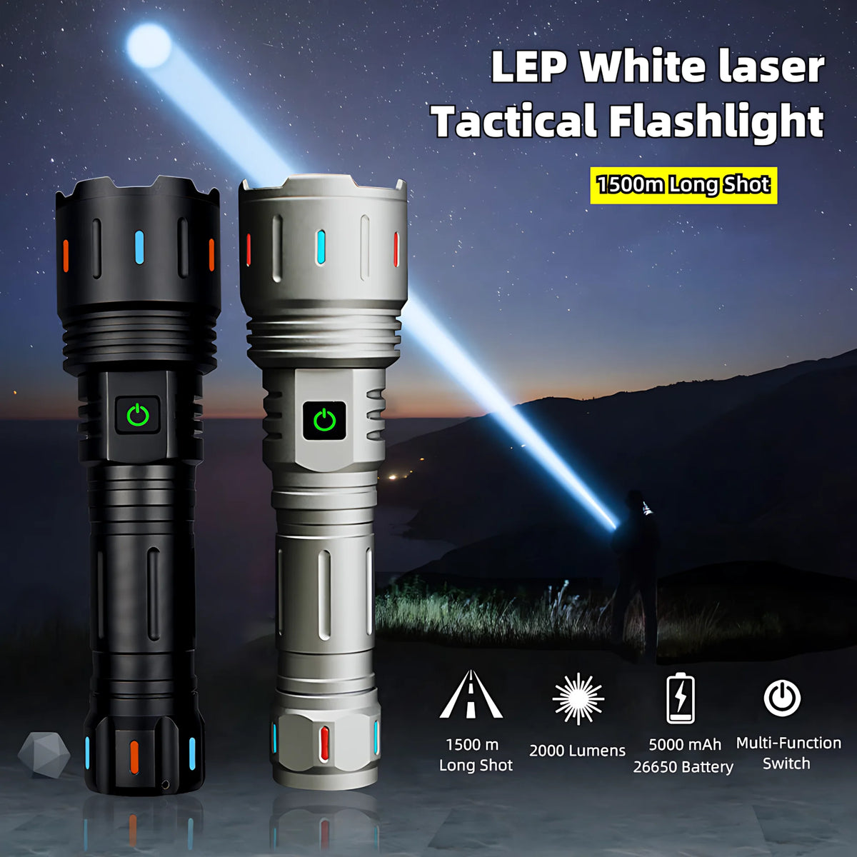 lampe torche tactique noire 2000 lumens 30w 1500m étanche ipx6 zoom led rechargeable usb