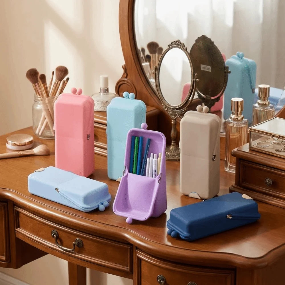 boîte maquillage réutilisable moderne gris bleu vert violet rose clips pinceaux crayons polyestère opaques