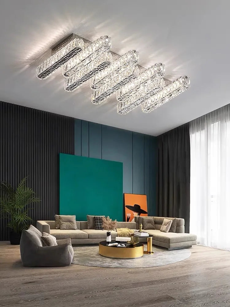 Lampe suspension cristal transparente argentée moderne tringle acier inoxydable led dimmable 10 15m²