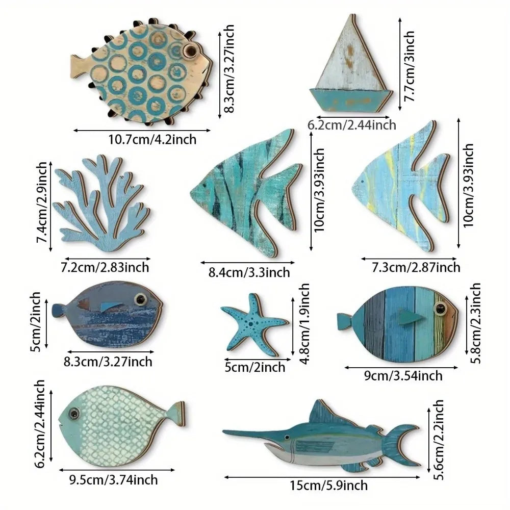 décorations murales poissons coraux bateaux marin rétro opaques lot 10 bleu blanc gris