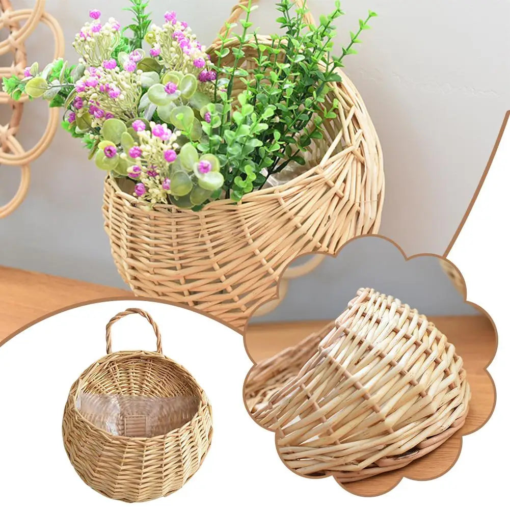 paniers suspendus tressés wicker fleurs artificielles bohème rustique décoration murale cache pots