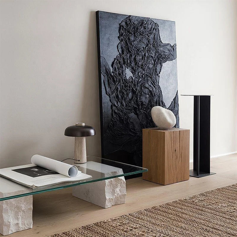 tableau abstrait moderne noir gris lignes ondulées forme fluide contemporain fixé cadre bois haute