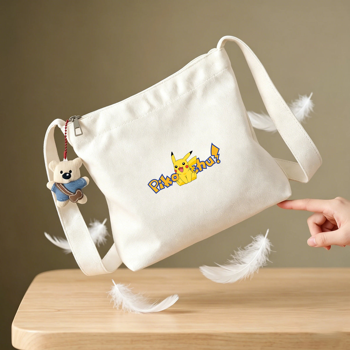 sac bandoulière toile blanc pikachu anime ours peluche grande capacité sac main