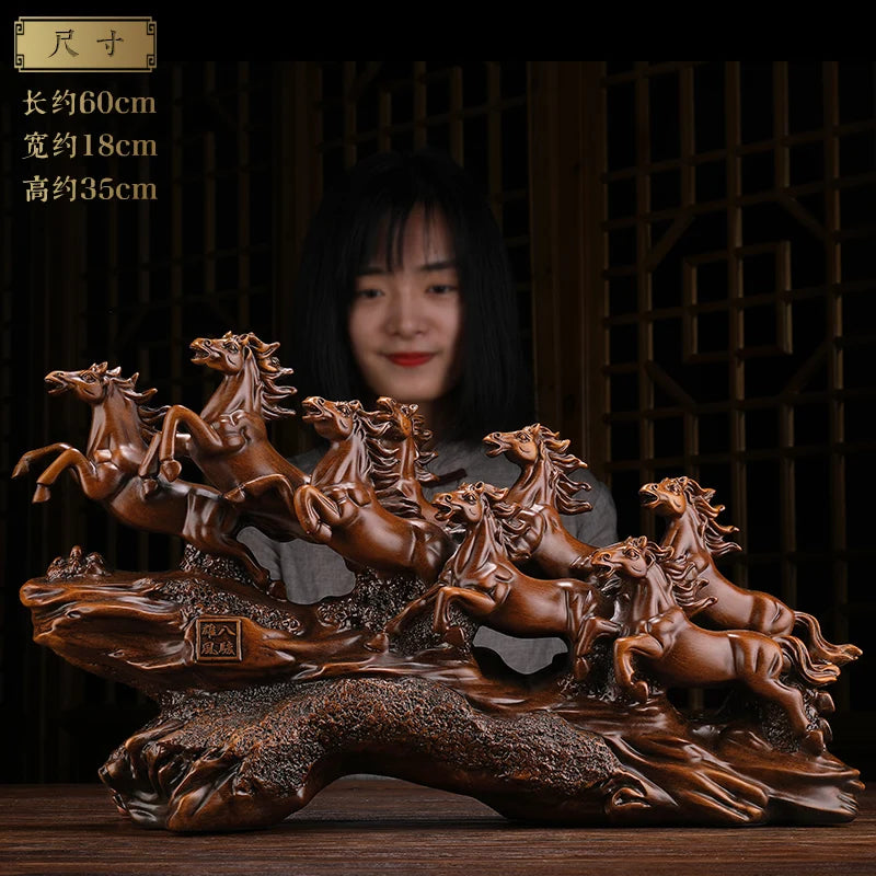 ornements sculptés chevaux résine artisanal chinois couleurs dorées rouges noires modernes