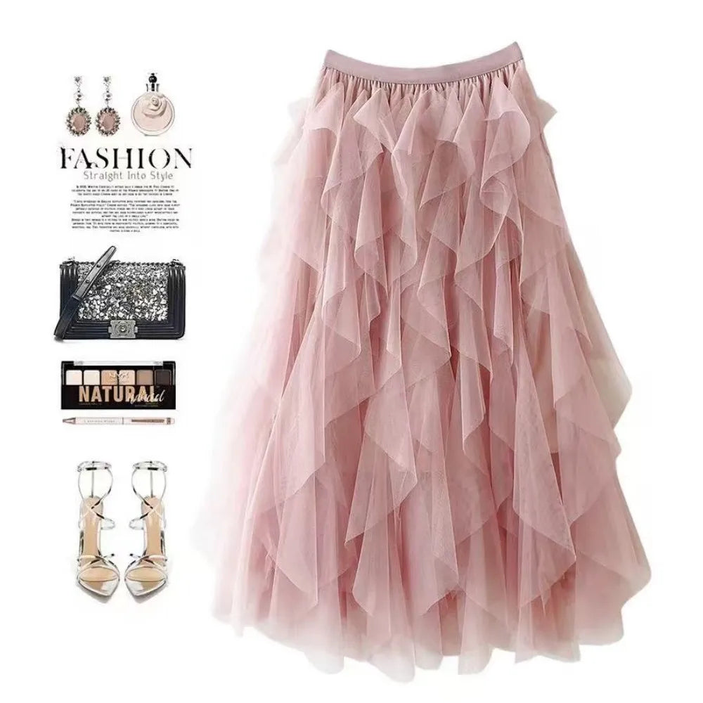 jupe tulle plissée rose noir élégante féminine asymétrique mi mollet translucide junior femme