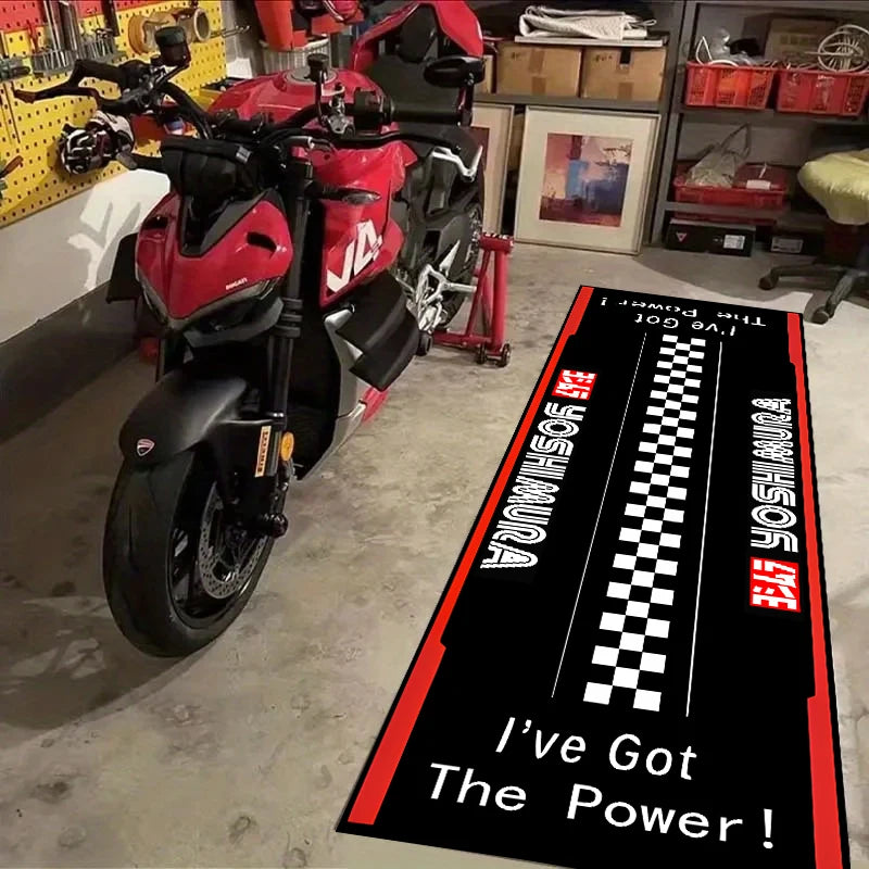tapis garage moto noir blanc rouge antidérapant intérieur sportif logo yoshimura moderne maison