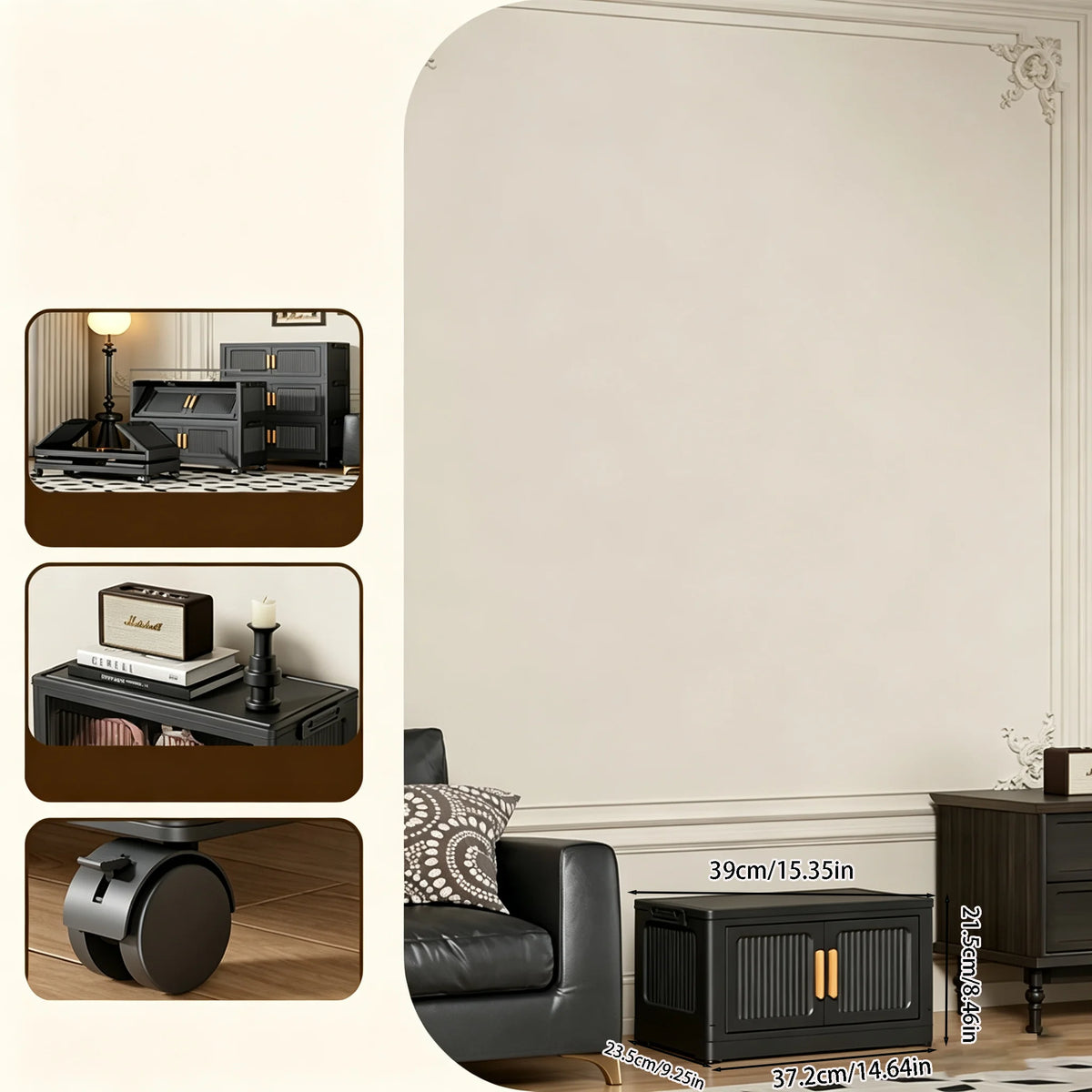 rangement modulaire meuble noir panneaux transparents poignées dorées roulettes facile assembler chambre salon cuisine