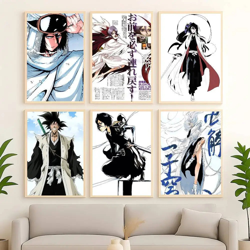 affiches anime bleach personnages cadre bois noir blanc gris bleu rouge moderne decoration murale
