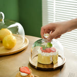 cloche verre couvercle service plateau d'exposition transparente base bois lisse moderne minimaliste