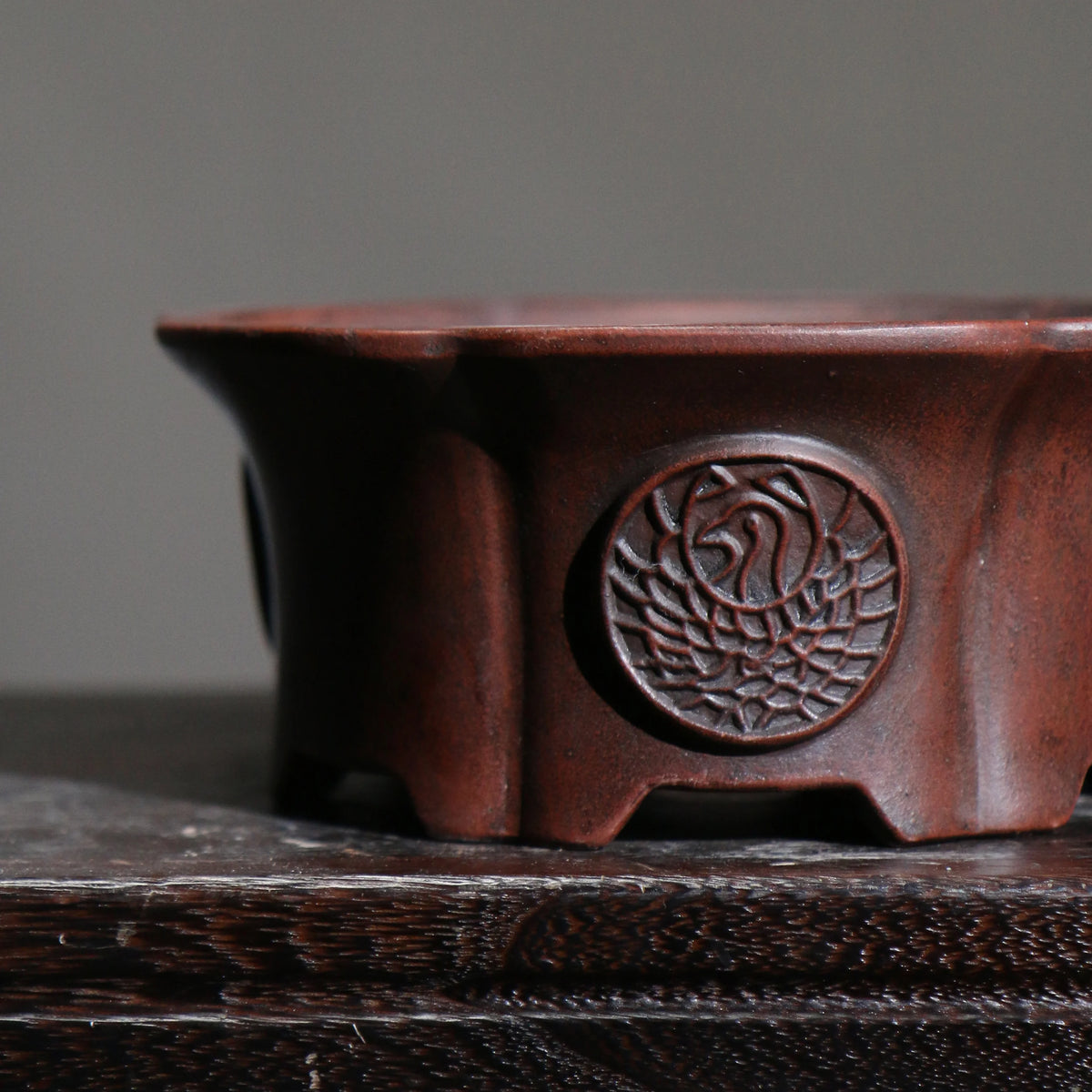 cache pot marron foncé texture bois gravure circulaire finition glacée classique plante verte chambre