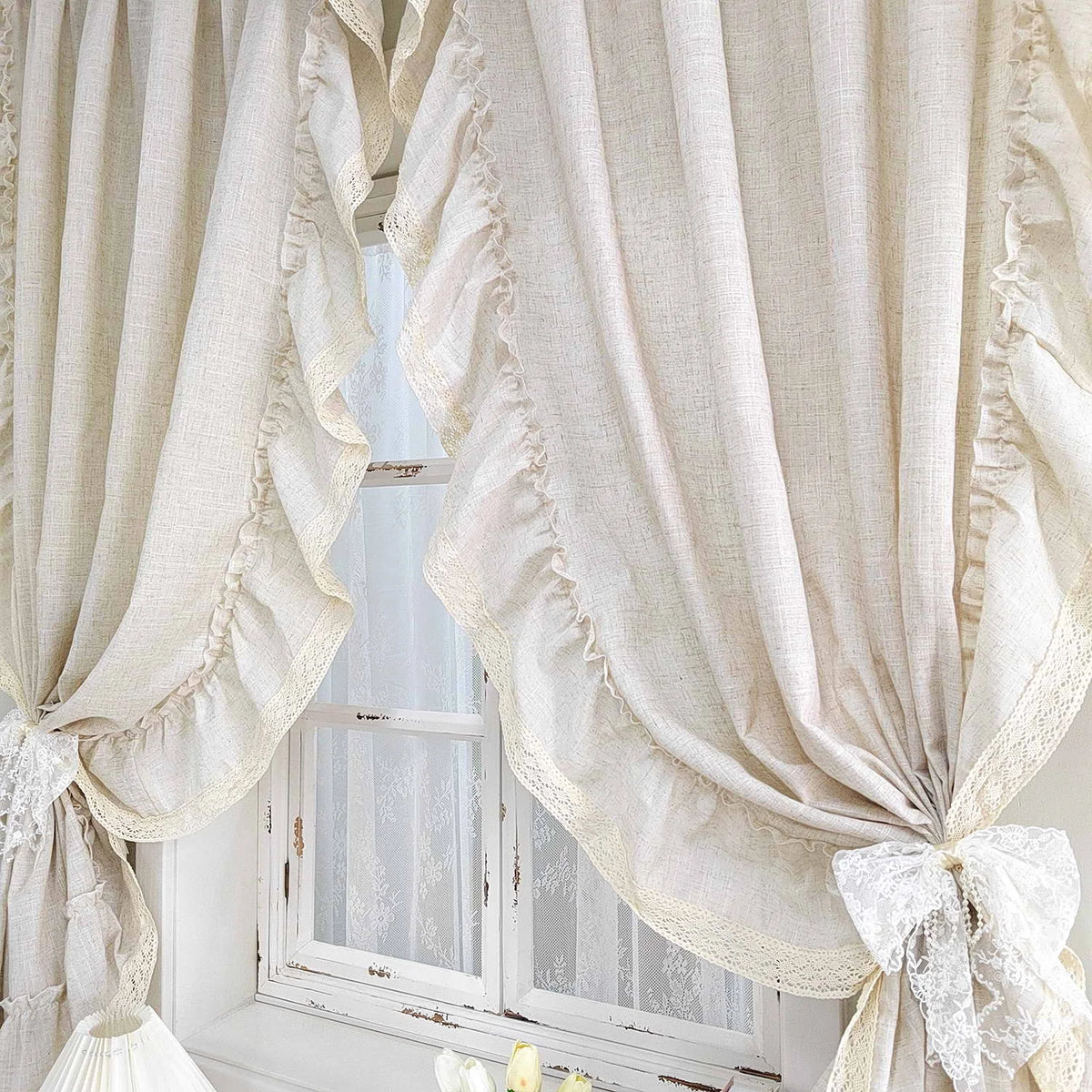 rideau vintage beige clair texture lin fleurs japonais coréen fronces décoratives maison