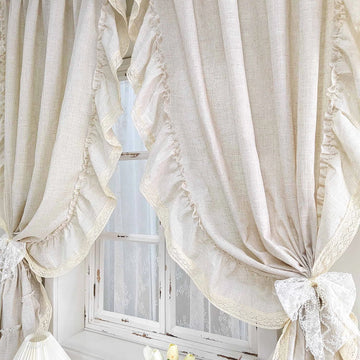 rideau vintage beige clair texture lin fleurs japonais coréen fronces décoratives maison