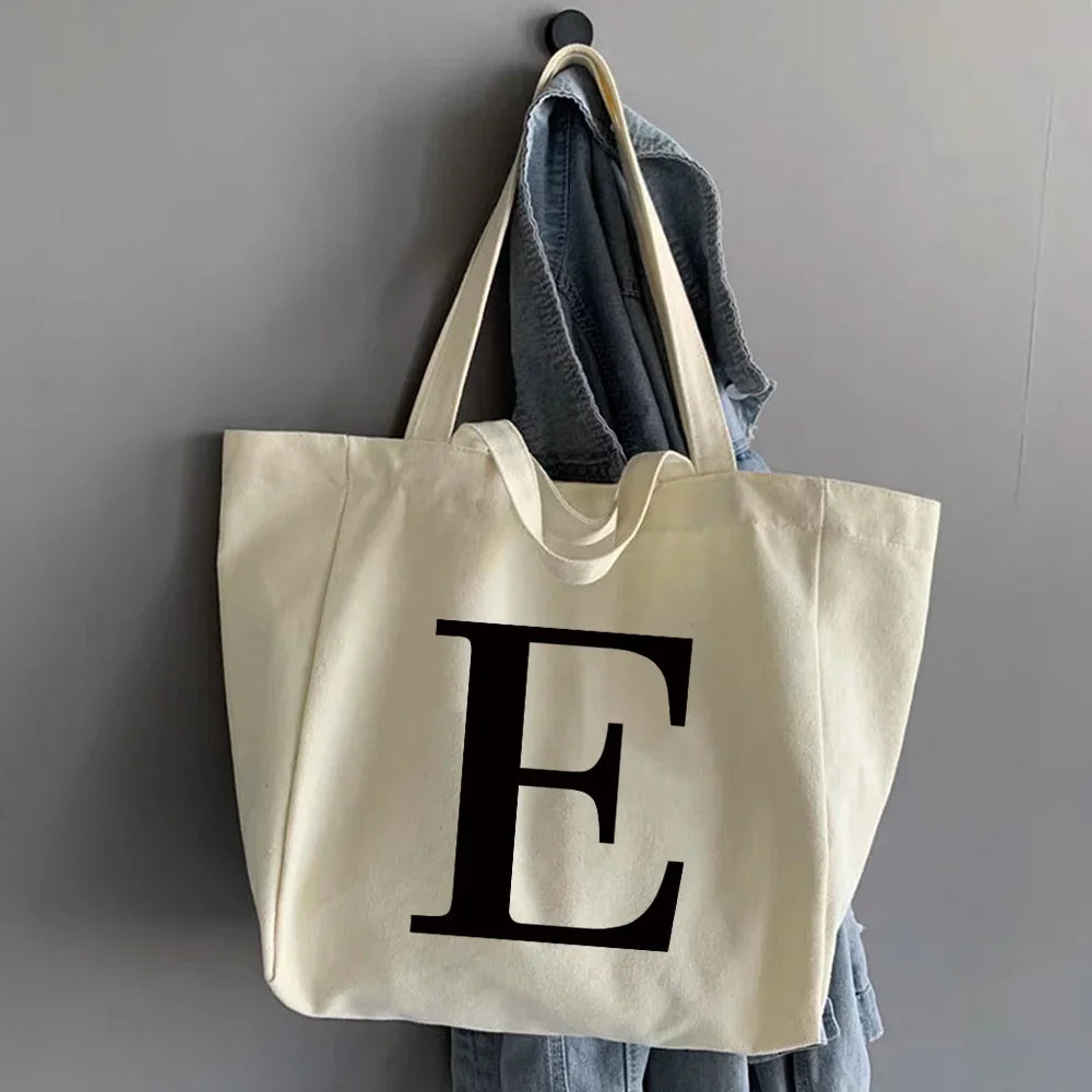 sac main femme toile beige clair lettre noire poignées détachables