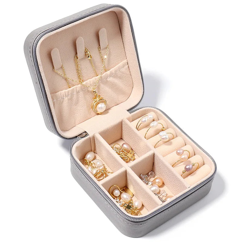 boîte bijoux simili cuir gris rose moderne fermeture éclair rangement bagues pendentifs boucles d'oreilles