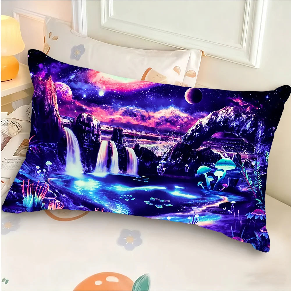 housse coussin rectangulaire impression polyester double face cascade paysage moderne bleu violet rose vert