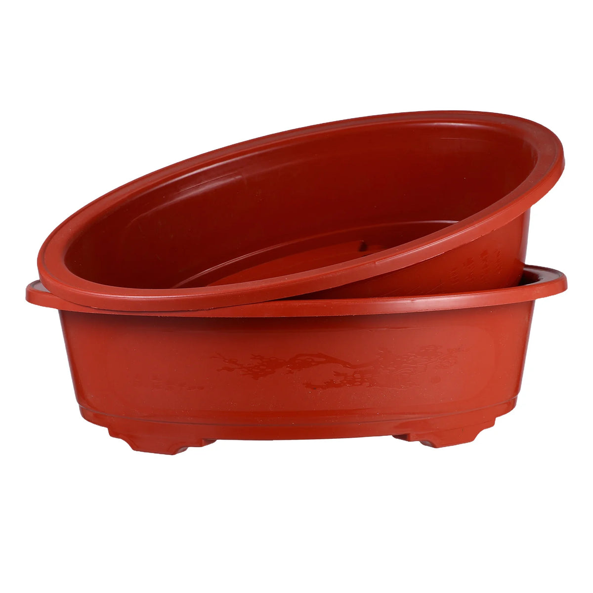pots fleurs ovales plastique rouge motif gravé asiatique fleurs gerberas plante grasse herbe jardin