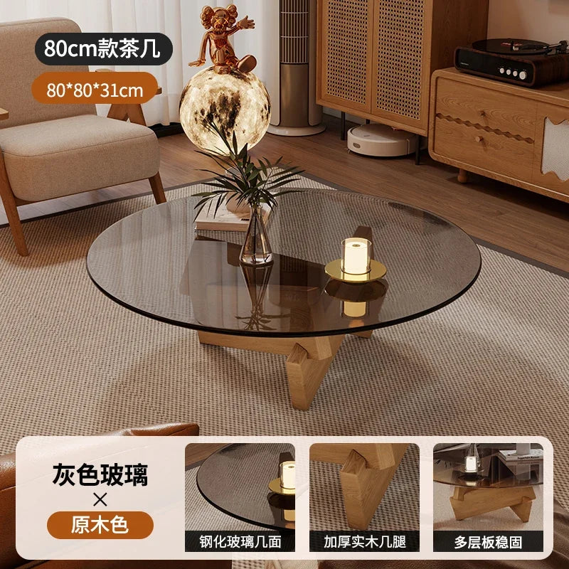 table basse moderne transparente bois marron clair plateau 70cm hauteur 31cm minimalistes