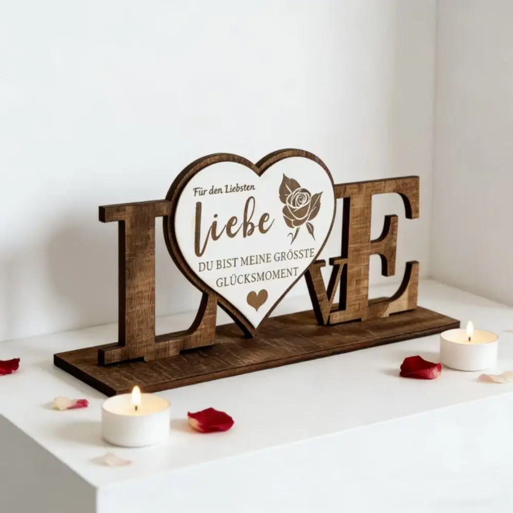 tableau decoratif coeur rose texte doré fond rouge romantique bois naturel echangement vertical