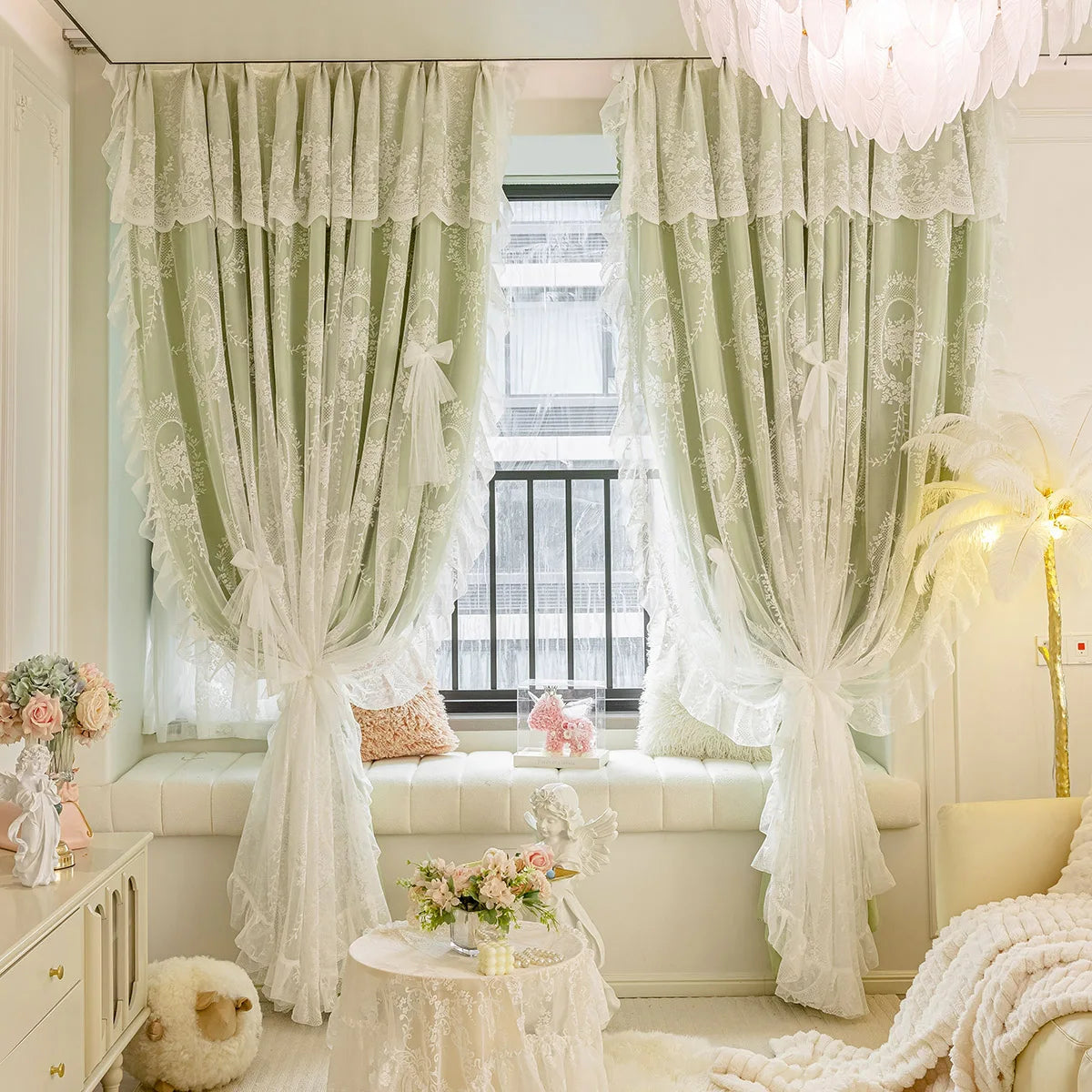 rideau double couche vert clair blanc motif floral dentelle classique chambre salon maison