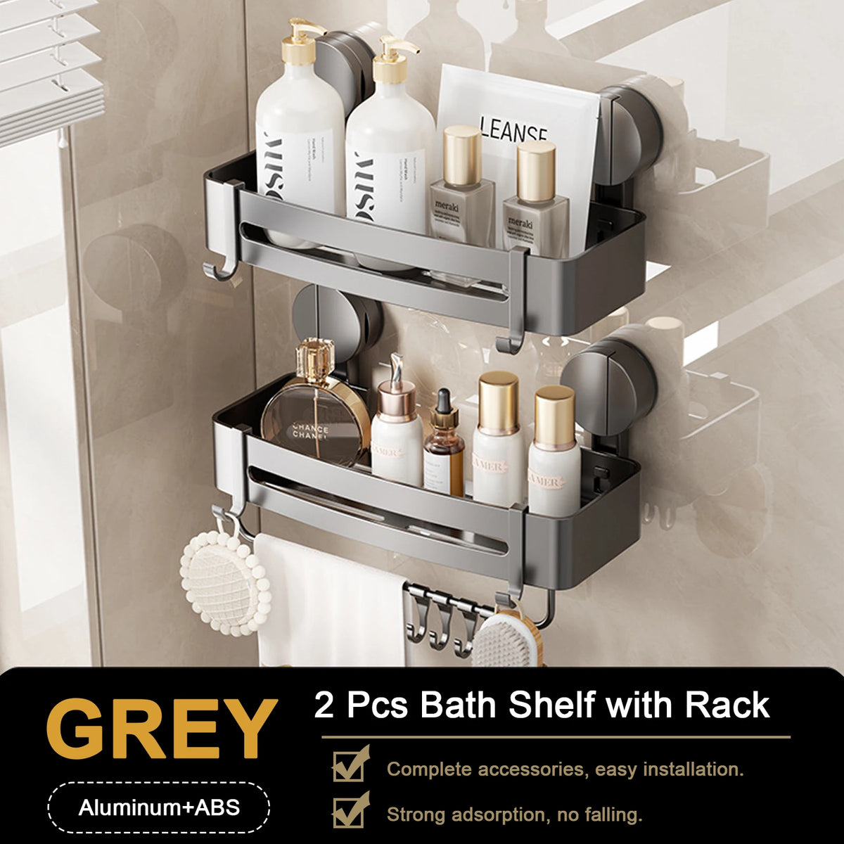 étagère salle bain deux niveaux gris métallisé clips adhésifs barre serviettes crochets amovibles moderne
