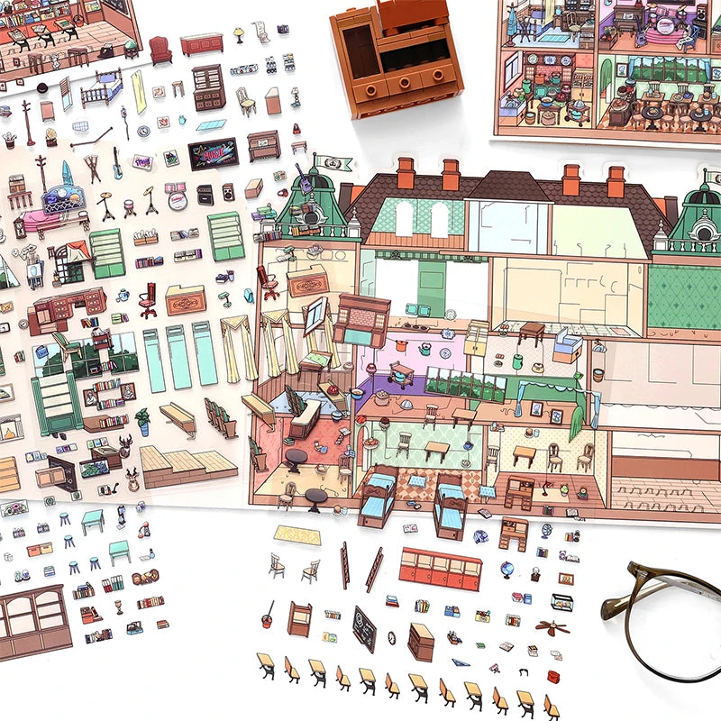 puzzle multicolore art deco détails bâtiments adhésif pièces boite rangement lunettes