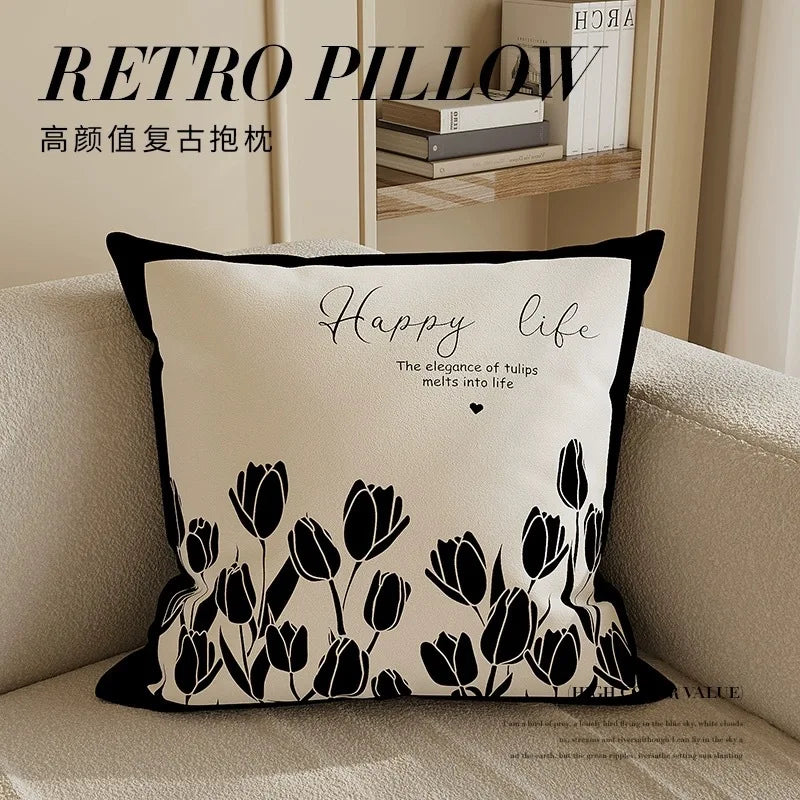 housse coussin moderne motif floral polyester respectueux environnement blanc noir fixations