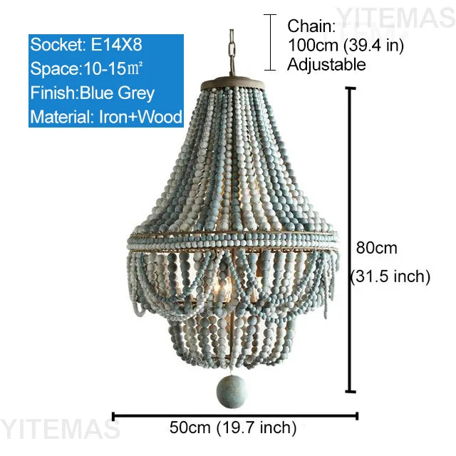 lustre vintage blanc bleu gris bois lumières chaîne métallique