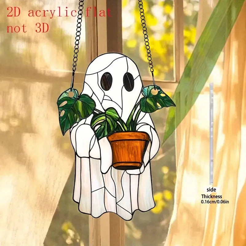 décoration murale fantôme transparent plante chaînes métalliques artisanal blanc vert marron