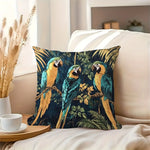 housse coussin carré vintage oiseaux exotiques feuilles tropicales bleu vert doré polyester peacheskin 45x45cm
