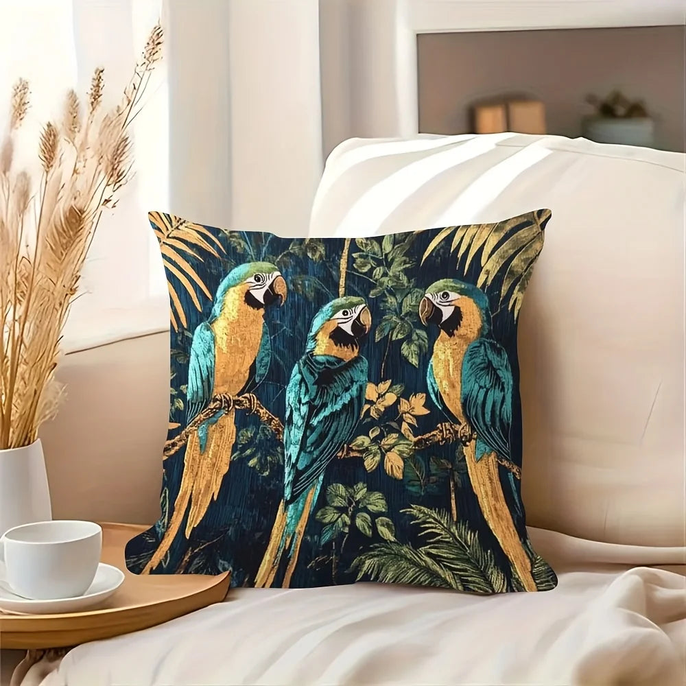 housse coussin carré vintage oiseaux exotiques feuilles tropicales bleu vert doré polyester peacheskin 45x45cm