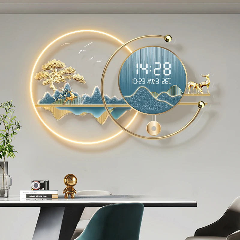 horloge murale moderne décorative paysage montagne arbres oiseaux cerfs dorés acrylique grande taille