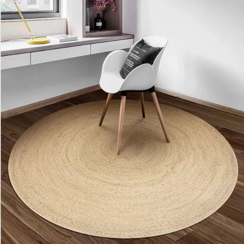 tapis rond tissé géométrique moderne rustique juteux beige clair salon chambre décoration nordique main