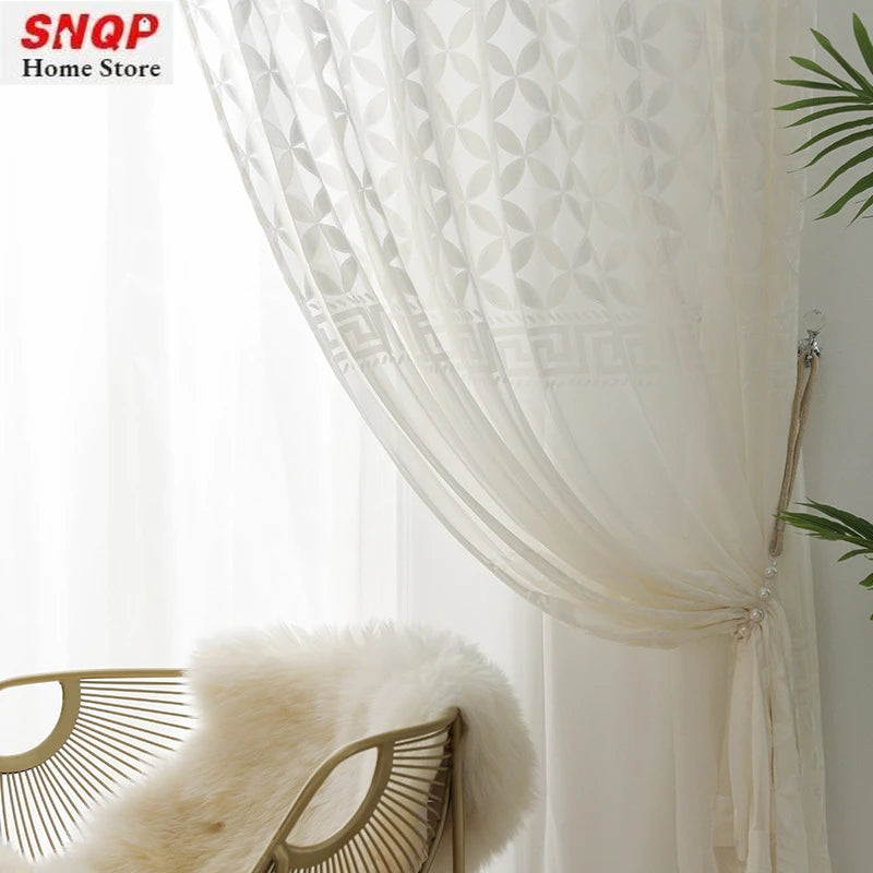 rideau blanc moderne translucide motif géométrique salon chambre fenêtre maison