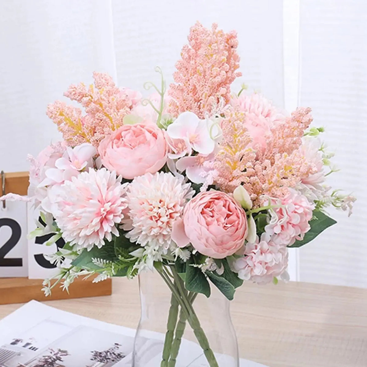 bouquet fleurs artificielles pivoines soie rose blanc violet bleu clair jaune feuillage vert décoration