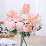 bouquet fleurs artificielles pivoines soie rose blanc violet bleu clair jaune feuillage vert décoration