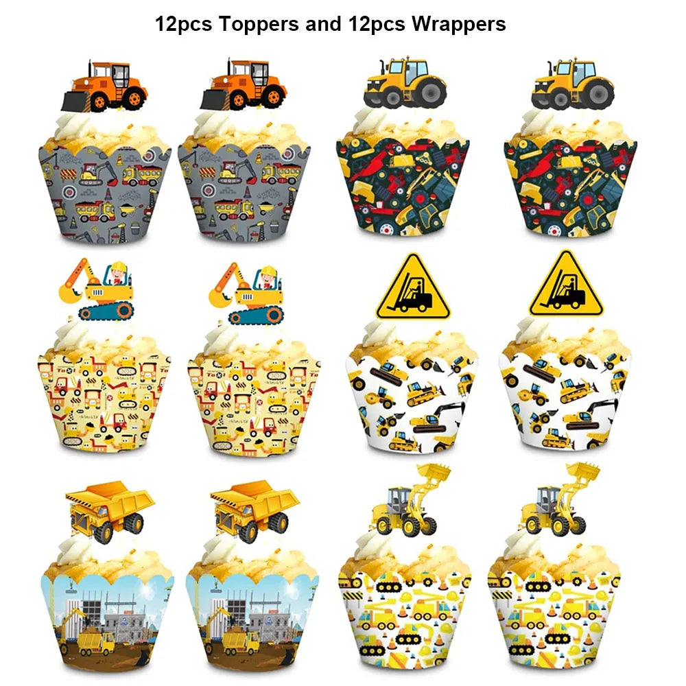 accessoires decoration gateau construction camions grue pelle carton multicolore anniversaire enfants toppers cupcakes