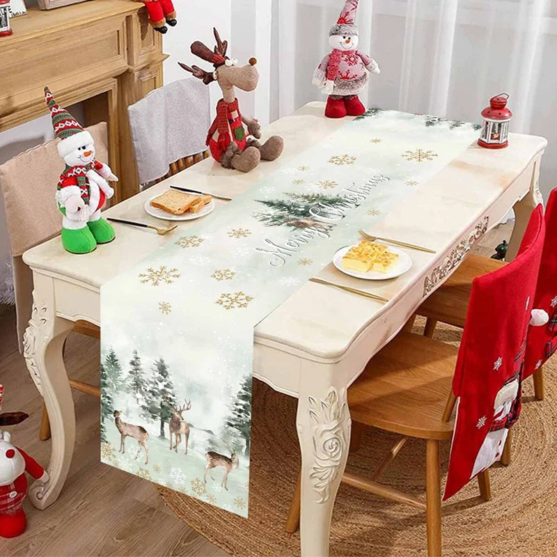 changement saison décoration noël chemin table flocons neige santa clause forêt cerfs motifs géométriques