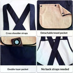 tablier professionnel bleu marine rayures verticales poche intérieure coussin amovible utilitaire cuisine