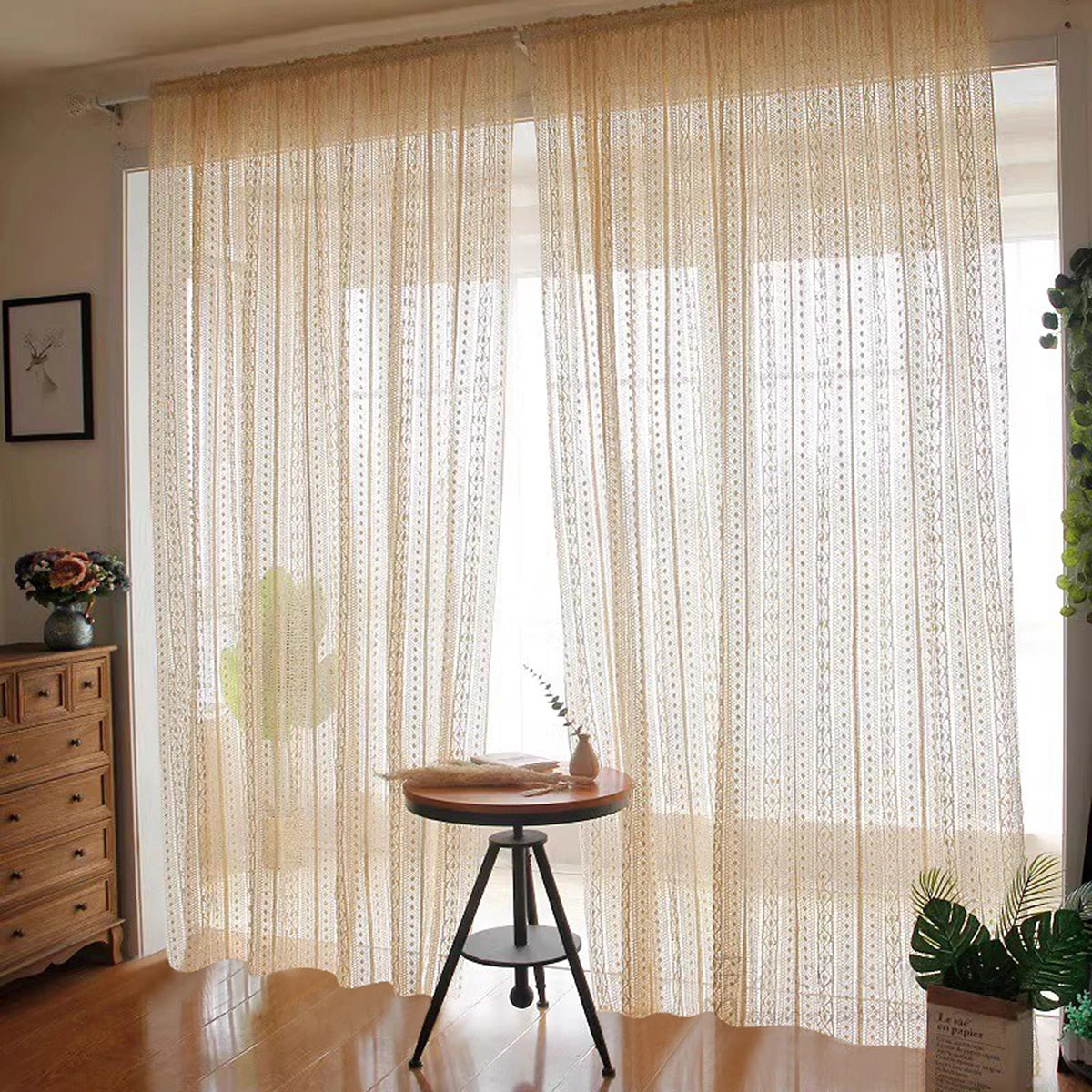rideau semi transparent géométrique moderne polyester beige clair salon hospitalité