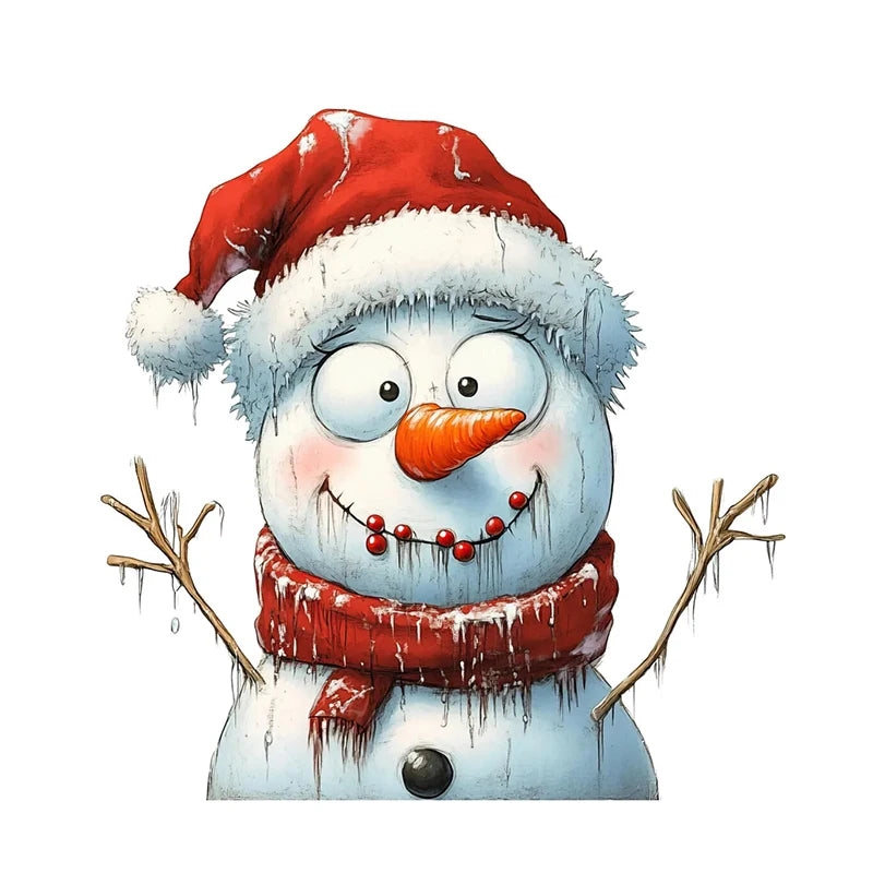 autocollant mural bonhomme neige chapeau écharpe sourire branches cartoon mignon adhésif blanc rouge bleu