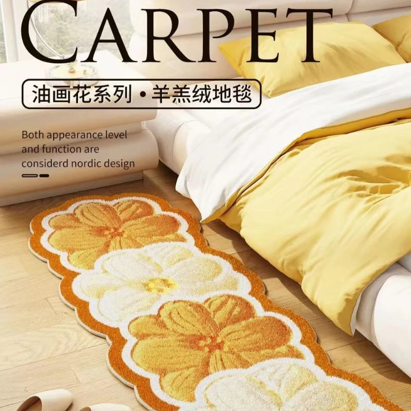 tapis moderne fleurs vert blanc jaune acrylique pvc polaire lavage main machine salon chambre