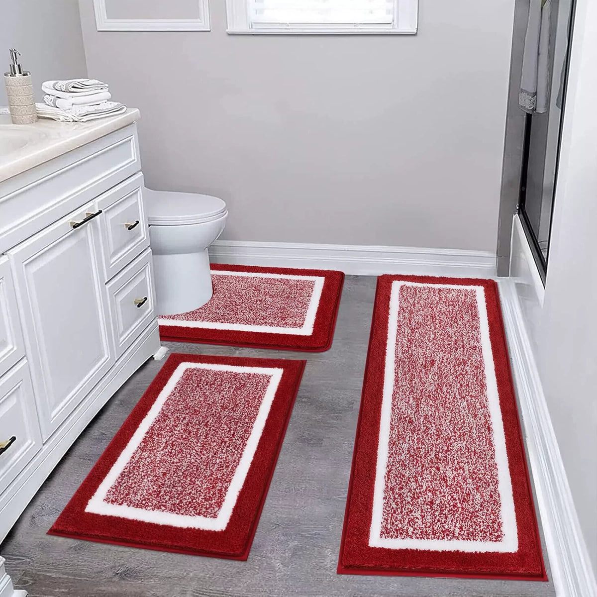 tapis sol microfibre moderne gris blanc bordure blanche antidérapant salle bain