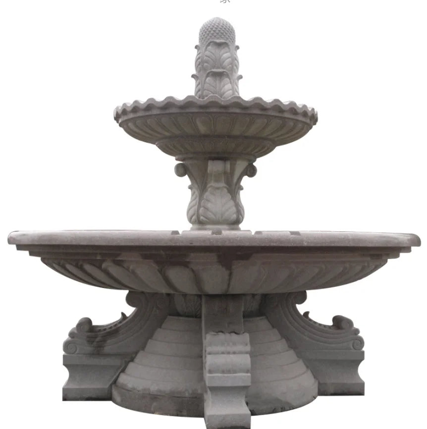 fontaine pierre sculpturale complexe gris classique bassin circulaire eau pompée sphere sommet decoration jardin