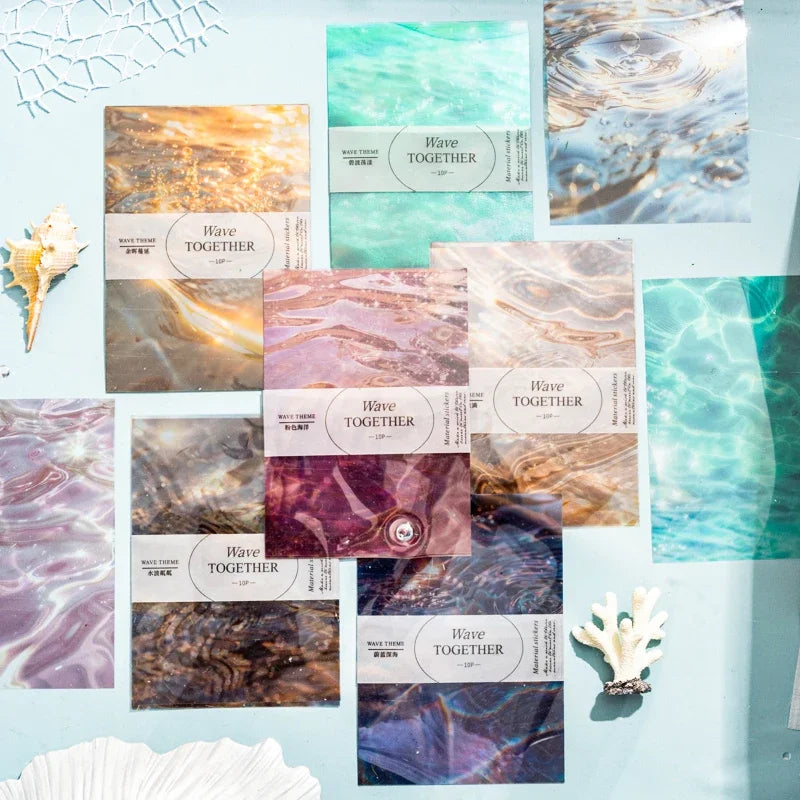 autocollants décoratifs vague mer cartes postales motifs ondulés marbrés floraux couleurs bleu vert rose