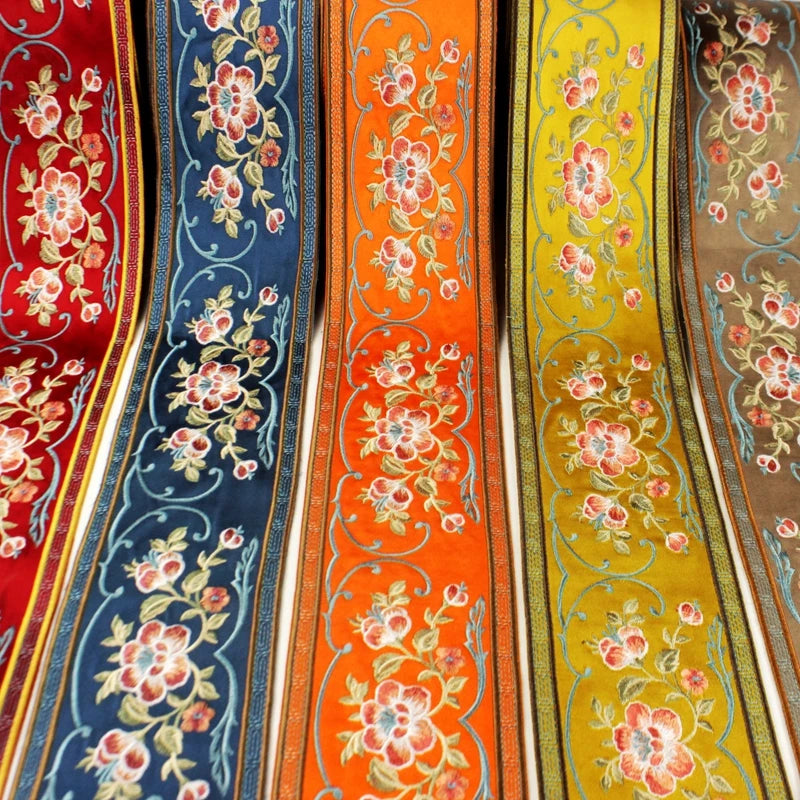 rubans décoratifs brodés fleurs feuilles oiseaux polyester large rouge bleu orange jaune marron gris