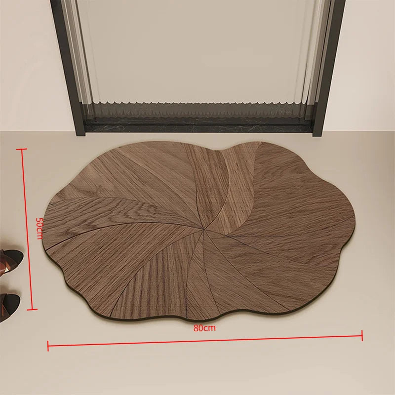 tapis salle bain texture bois naturel rayures concentriques moderne pvc brun foncé opacité